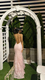 Ndyad Pink Spaghetti Strap Mermaid Deep V Neck Tulle Applique Wedding Dress Backless Evening Dress HZ1024