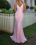 Ndyad Pink Spaghetti Strap Mermaid Deep V Neck Tulle Applique Wedding Dress Backless Evening Dress HZ1024