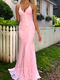 Ndyad Pink Spaghetti Strap Mermaid Deep V Neck Tulle Applique Wedding Dress Backless Evening Dress HZ1024