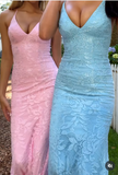 Ndyad Pink Spaghetti Strap Mermaid Deep V Neck Tulle Applique Wedding Dress Backless Evening Dress HZ1024