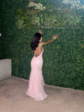 Ndyad Pink Spaghetti Strap Mermaid Deep V Neck Tulle Applique Wedding Dress Backless Evening Dress HZ1024