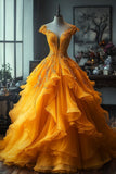 Ndyad Yellow Deep V Neck Tulle A-Line Long Prom Dresses Unique Wedding Dress HZ1024