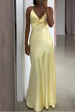 Evafashion Yellow Backless Satin Sheath Spaghetti Strap V-Neck Party Dress Prom Dress HZ1024