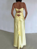 Evafashion Yellow Backless Satin Sheath Spaghetti Strap V-Neck Party Dress Prom Dress HZ1024