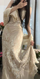 Ndyad Apricot Spaghetti Strap Printed Chiffon Long Party Dress Elegant Evening Dress with Shawl HZ1024