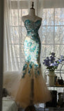 Ndyad Blue Sweetheart Mermaid Tulle Evening Dresses Gorgeous Beaded Long Prom Dresses HZ1024