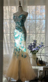Ndyad Blue Sweetheart Mermaid Tulle Evening Dresses Gorgeous Beaded Long Prom Dresses HZ1024