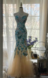Ndyad Blue Sweetheart Mermaid Tulle Evening Dresses Gorgeous Beaded Long Prom Dresses HZ1024