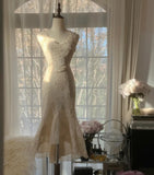 Evafashion White V-neck Chiffon Lace Applique Short Party Dress Elegant Bridesmaids Dress Homecoming Dress HZ1024