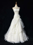 Ndyad White Strapless A-Line Tulle Lace Applique Wedding Dresses Long Prom Dresses HZ1024