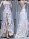 Ndyad Colorful V-neck Chiffon Long Prom Dresses Shiny Beaded Backless Evening Dresses with Silt HZ1024