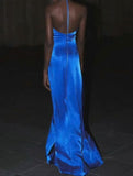 Ndyad Royal Blue V-neck Sheath Evening Dress Sexy Backless Satin Long Prom Dresses with Slits HZ1024