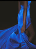 Ndyad Royal Blue V-neck Sheath Evening Dress Sexy Backless Satin Long Prom Dresses with Slits HZ1024