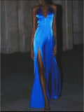 Ndyad Royal Blue V-neck Sheath Evening Dress Sexy Backless Satin Long Prom Dresses with Slits HZ1024