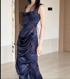 Ndyad Navy Blue Square Neck Satin Pleated Party Dress Cocktail Dress HZ1024