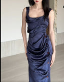 Ndyad Navy Blue Square Neck Satin Pleated Party Dress Cocktail Dress HZ1024