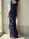 Ndyad Navy Blue Square Neck Satin Pleated Party Dress Cocktail Dress HZ1024