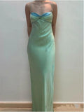 Ndyad Spaghetti Strap Green Satin Sheath Evening Dresses Gothic Prom Dresses HZ1024
