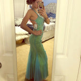 Ndyad Beaded Tulle Mermaid Backless Evening Dress Gorgeous Spaghetti Straps Green Long Prom Dresses HZ1024