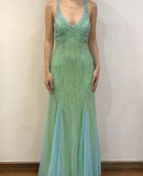 Ndyad Beaded Tulle Mermaid Backless Evening Dress Gorgeous Spaghetti Straps Green Long Prom Dresses HZ1024