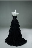 Ndyad Black Strapless A-Line Velvet Layered Long Prom Dresses Formal Evening Dresses HZ1024