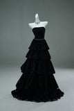 Ndyad Black Strapless A-Line Velvet Layered Long Prom Dresses Formal Evening Dresses HZ1024