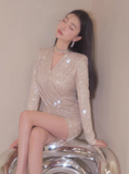 Ndyad style sequined short skirt V-neck long sleeve dress HZ1024