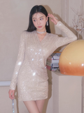 Ndyad style sequined short skirt V-neck long sleeve dress HZ1024