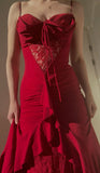 Ndyad Red A-Line Spaghetti Straps Chiffon Party Dresses Vintage Lace Applique Prom Dresses HZ1024