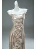 Ndyad Champagne Spaghetti Strap Mermaid Shining Long Evening Dress Elegant Prom Dress HZ1024