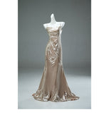 Ndyad Champagne Spaghetti Strap Mermaid Shining Long Evening Dress Elegant Prom Dress HZ1024
