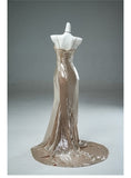 Ndyad Champagne Spaghetti Strap Mermaid Shining Long Evening Dress Elegant Prom Dress HZ1024