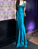 Ndyad Teal Spaghetti Straps Satin Sheath Backless Retro Long Party Dress HZ1024