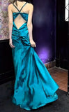 Ndyad Teal Spaghetti Straps Satin Sheath Backless Retro Long Party Dress HZ1024