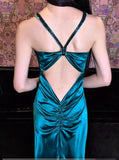 Ndyad Teal Spaghetti Straps Satin Sheath Backless Retro Long Party Dress HZ1024