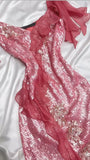 Ndyad Hot Pink Spaghetti Strap Bodycon Sequin Party Dress Prom Dresses with Slits HZ1024