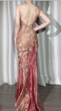 Ndyad Gold Lace Applique Bodycon Pink Tulle Long Prom Dresses Vintage Formal Evening Dress HZ1024
