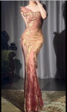 Ndyad Gold Lace Applique Bodycon Pink Tulle Long Prom Dresses Vintage Formal Evening Dress HZ1024