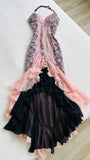 Ndyad Pink Spaghetti Strap Sweetheart Neck Chiffon Prom Dress Lace Applique Party Dresses HZ1024