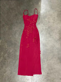 Ndyad Red Spaghetti Strap Satin Bodycon Long Prom Dresses Evening Dresses with Slit HZ1024