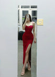 Ndyad Red Spaghetti Strap Satin Bodycon Long Prom Dresses Evening Dresses with Slit HZ1024