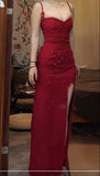Ndyad Red Spaghetti Strap Satin Bodycon Long Prom Dresses Evening Dresses with Slit HZ1024