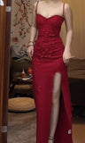 Ndyad Red Spaghetti Strap Satin Bodycon Long Prom Dresses Evening Dresses with Slit HZ1024