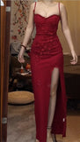 Ndyad Red Spaghetti Strap Satin Bodycon Long Prom Dresses Evening Dresses with Slit HZ1024