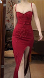 Ndyad Red Spaghetti Strap Satin Bodycon Long Prom Dresses Evening Dresses with Slit HZ1024