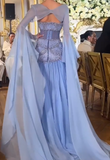 Ndyad Purple Sheath Tulle Beaded Sleeves Long Prom Dresses HZ1024