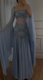 Ndyad Purple Sheath Tulle Beaded Sleeves Long Prom Dresses HZ1024
