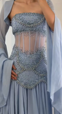 Ndyad Purple Sheath Tulle Beaded Sleeves Long Prom Dresses HZ1024