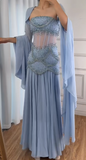 Ndyad Purple Sheath Tulle Beaded Sleeves Long Prom Dresses HZ1024