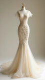 Ndyad Ivory V-neck Tulle Mermaid Lace Applique Wedding Dress Simple Evening Dress HZ1024